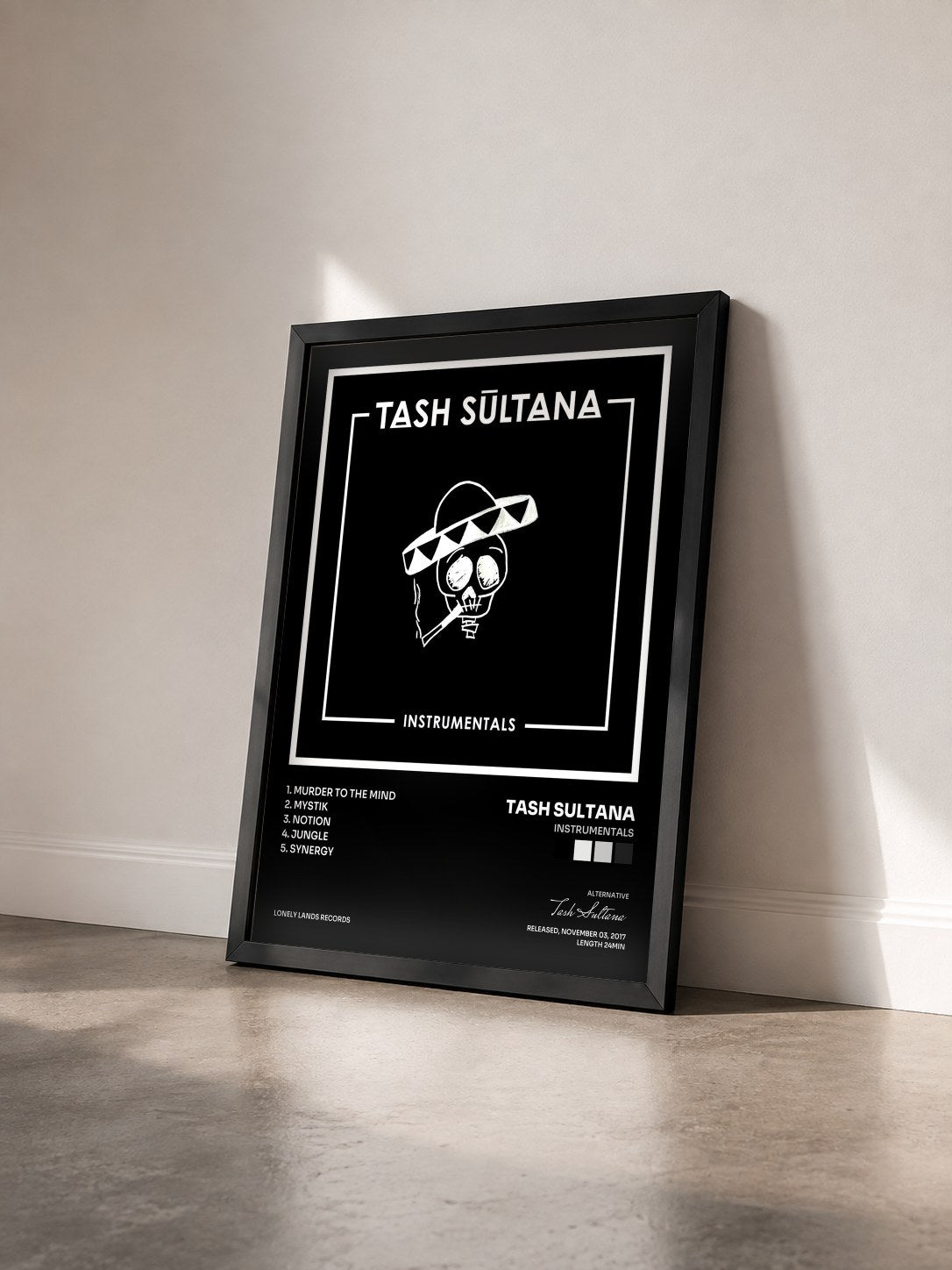 #noir Tableau de l'album Instrumentals de Tash Sultana vu de trois quarts, cadre noir