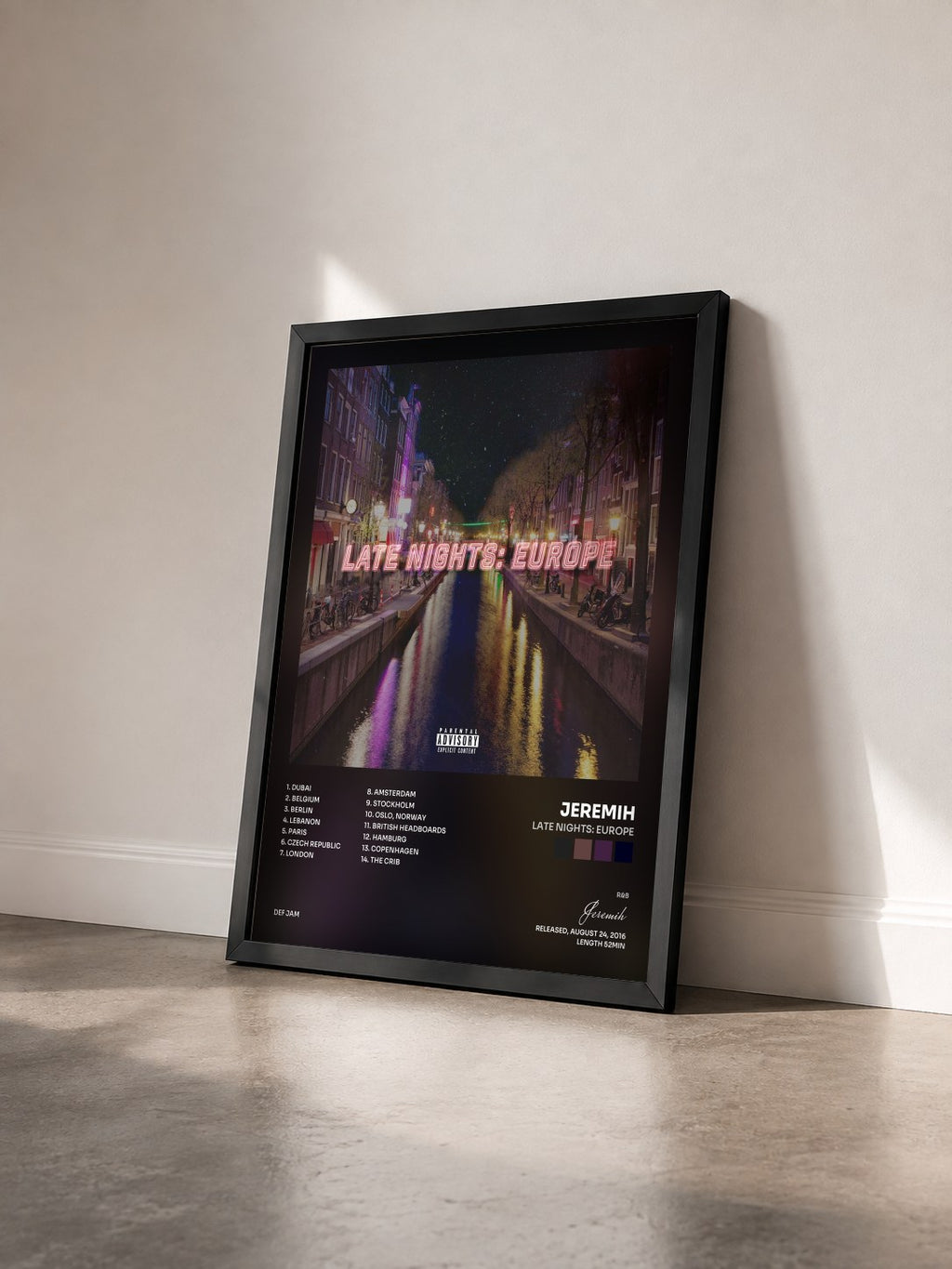 #noir Tableau de l'album Late Nights: Europe de Jeremih vu de trois quarts, cadre noir