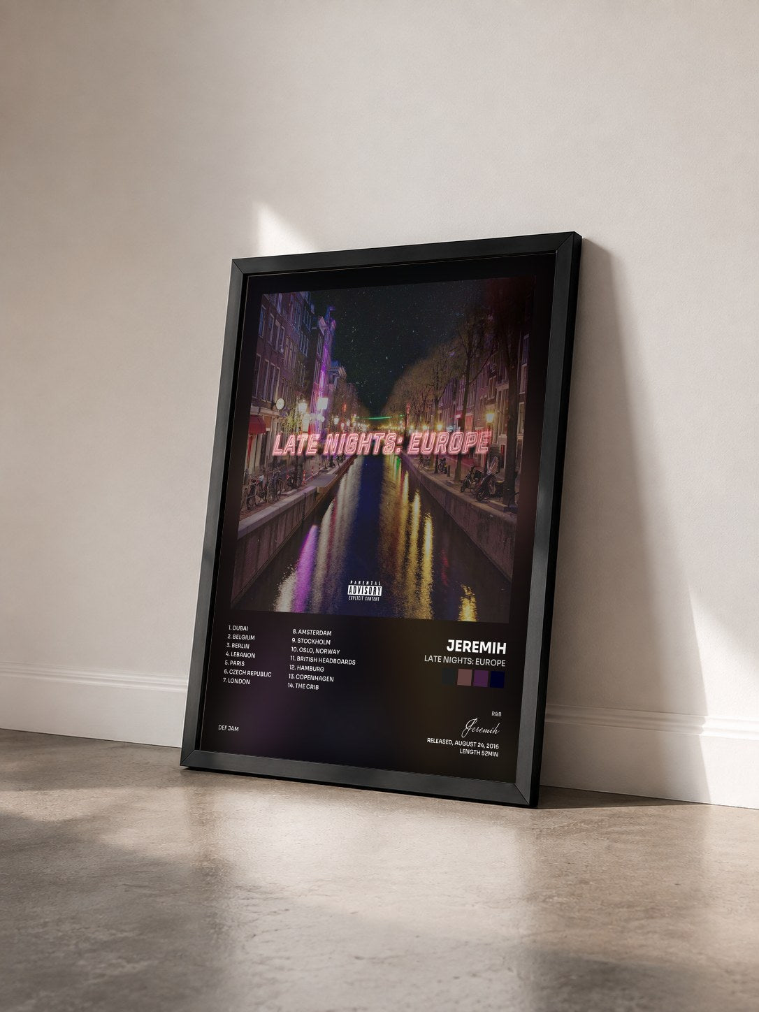 #noir Tableau de l'album Late Nights: Europe de Jeremih vu de trois quarts, cadre noir