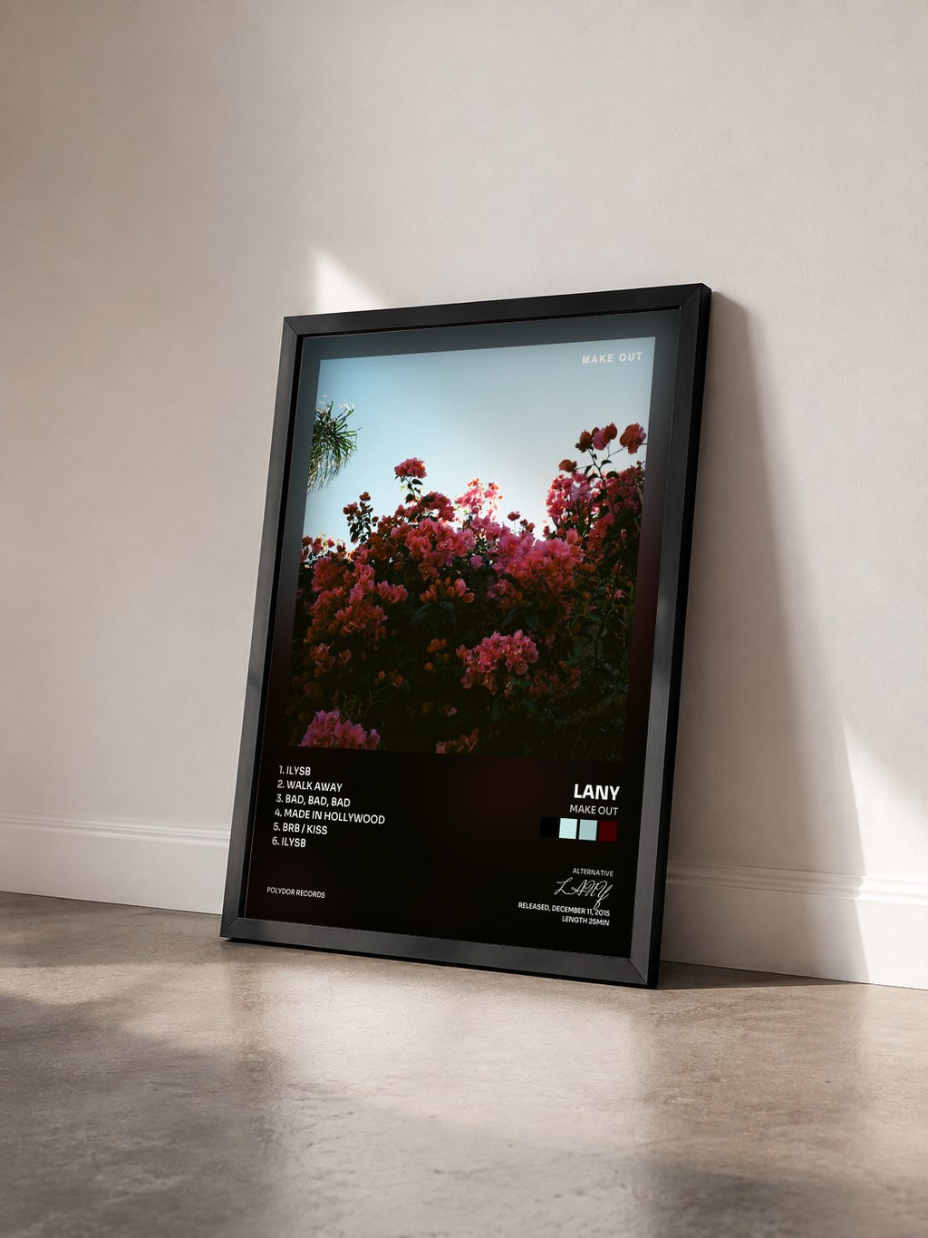 #noir Tableau de l'album Make Out de LANY vu de trois quarts, cadre noir