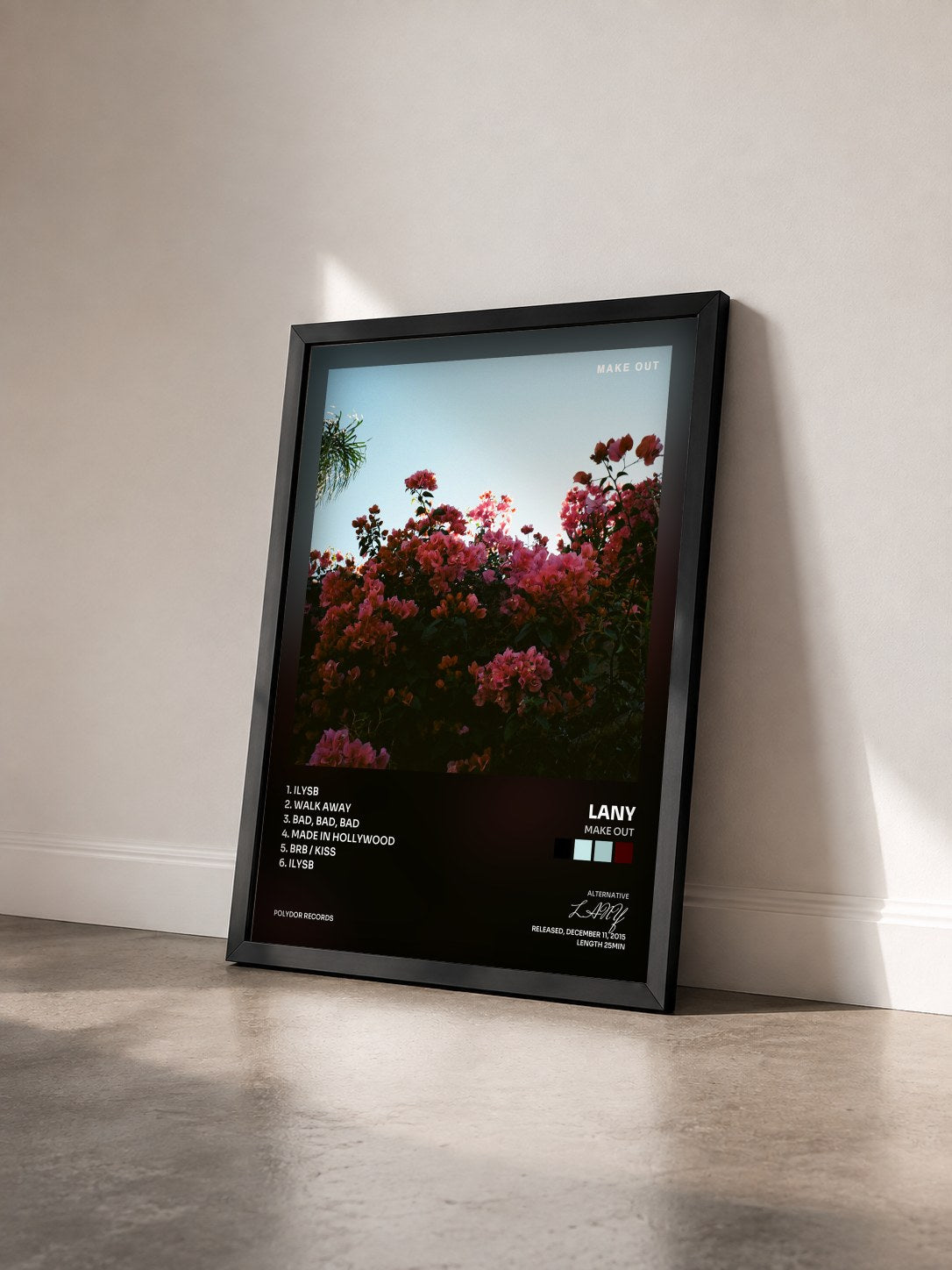 #noir Tableau de l'album Make Out de LANY vu de trois quarts, cadre noir