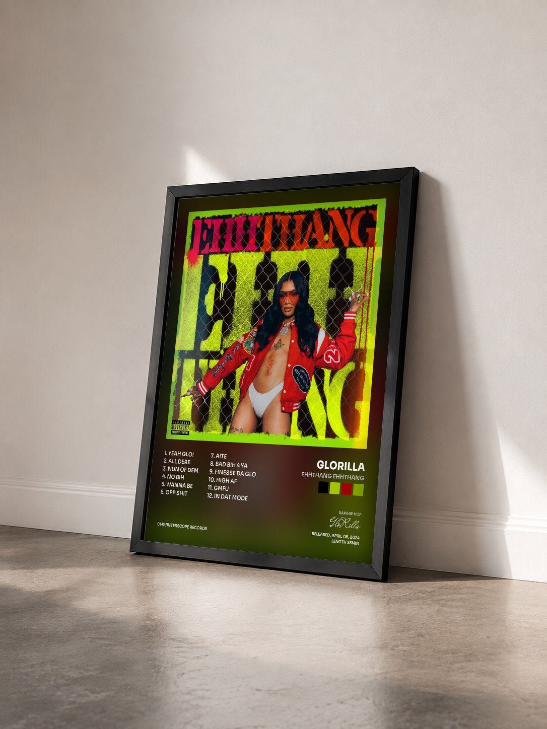#noir Tableau de l'album Ehhthang Ehhthang de GloRilla vu de trois quarts, cadre noir