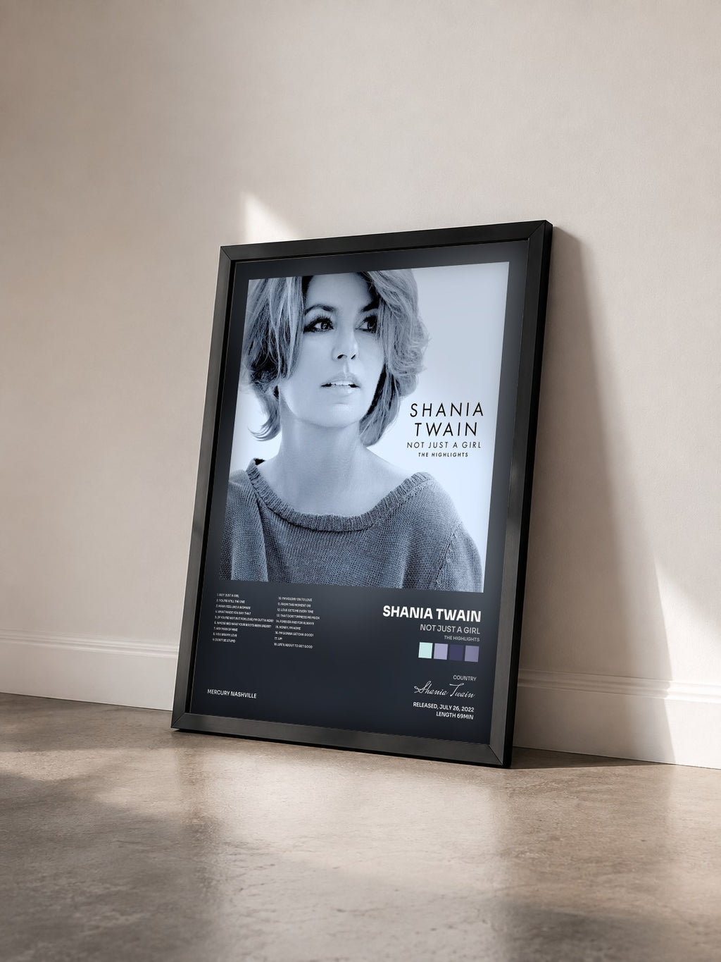 #noir Tableau de l'album Not Just A Girl (The Highlights) de Shania Twain vu de trois quarts, cadre noir