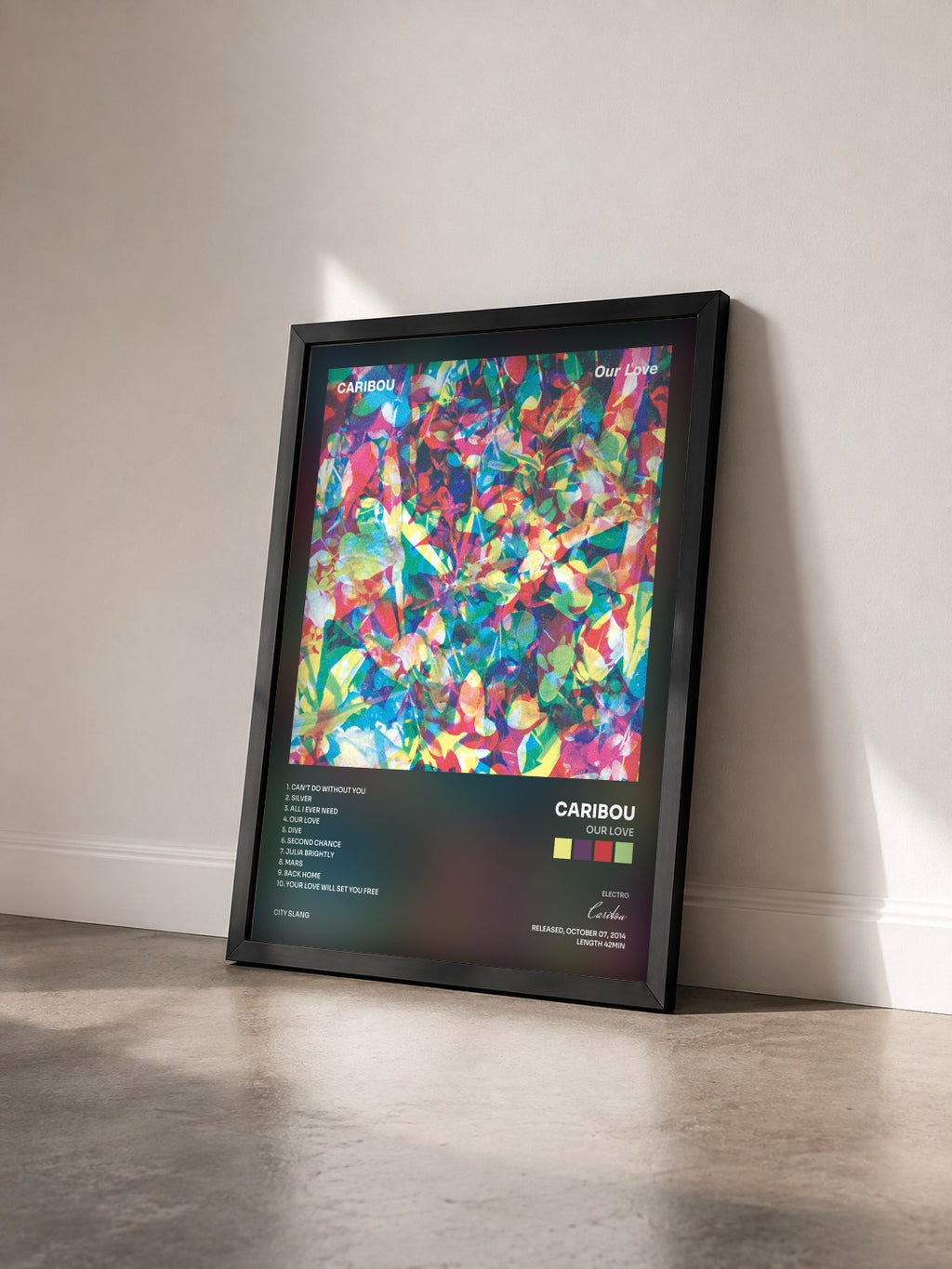 #noir Tableau de l'album Our Love de Caribou vu de trois quarts, cadre noir