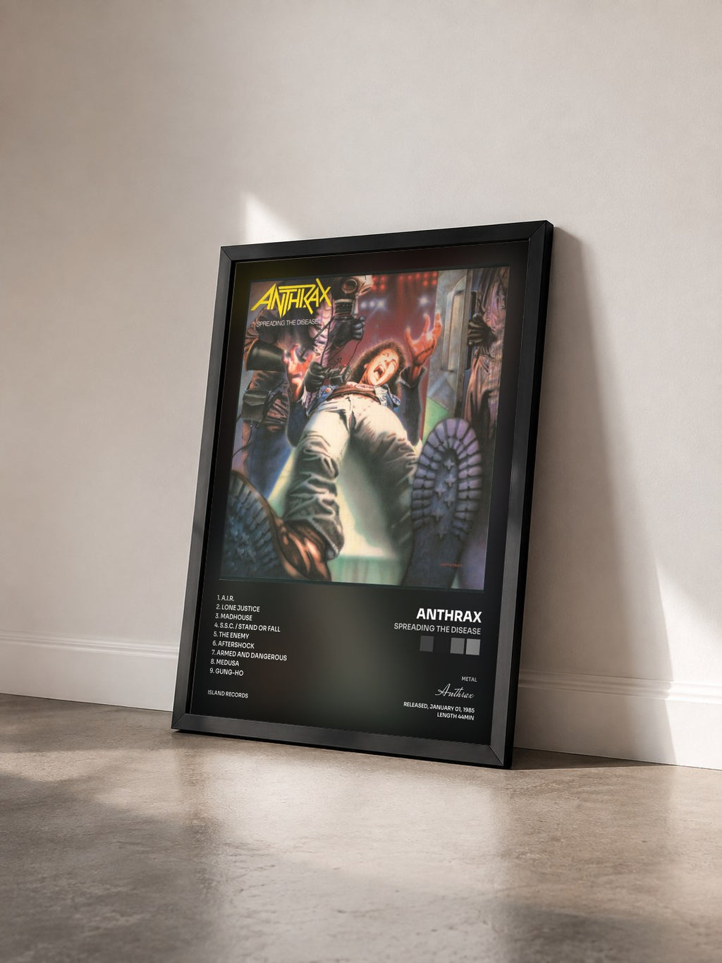 #noir Tableau de l'album Spreading The Disease de Anthrax vu de trois quarts, cadre noir