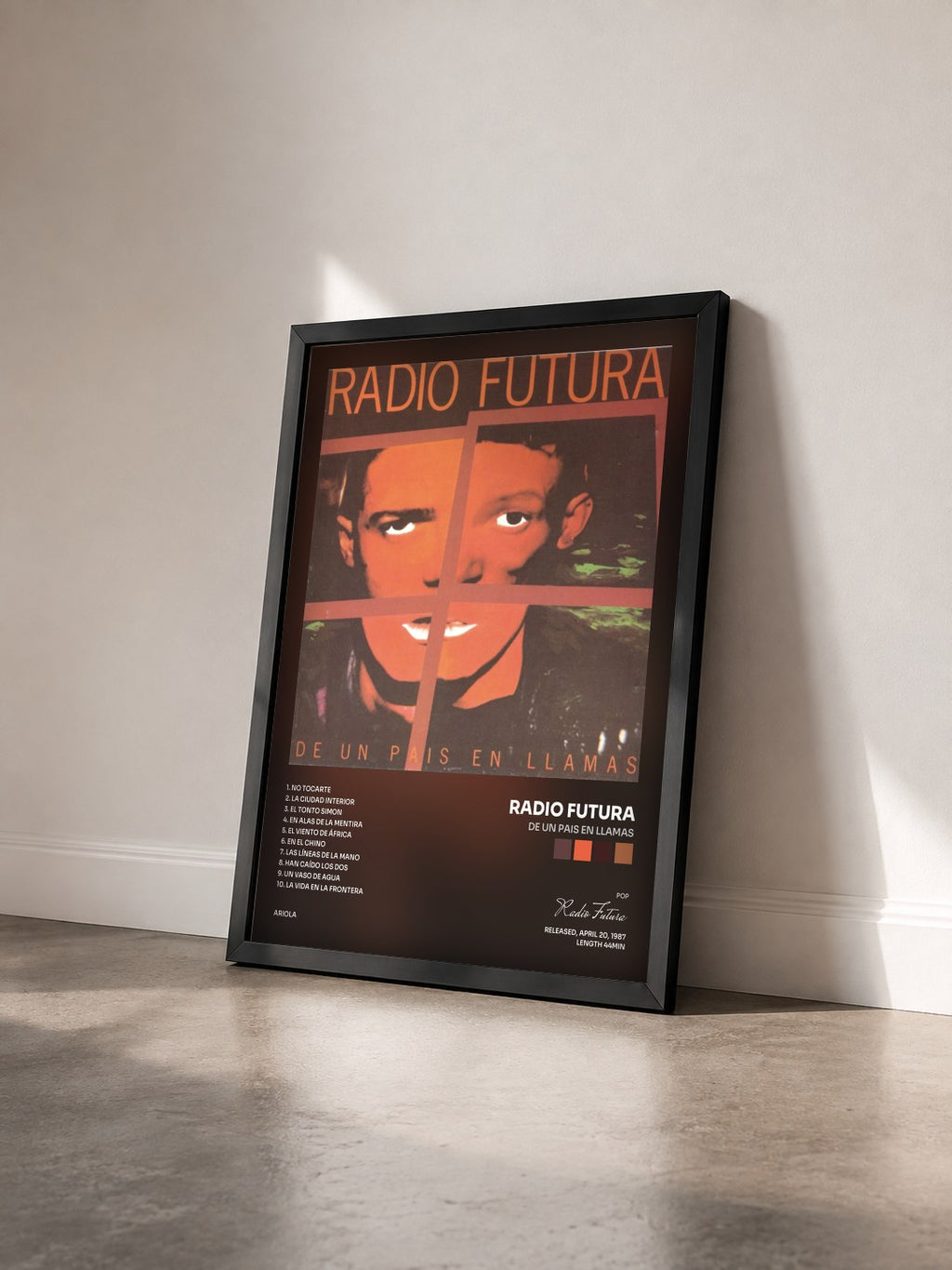 #noir Tableau de l'album De un Pais en Llamas de Radio Futura vu de trois quarts, cadre noir