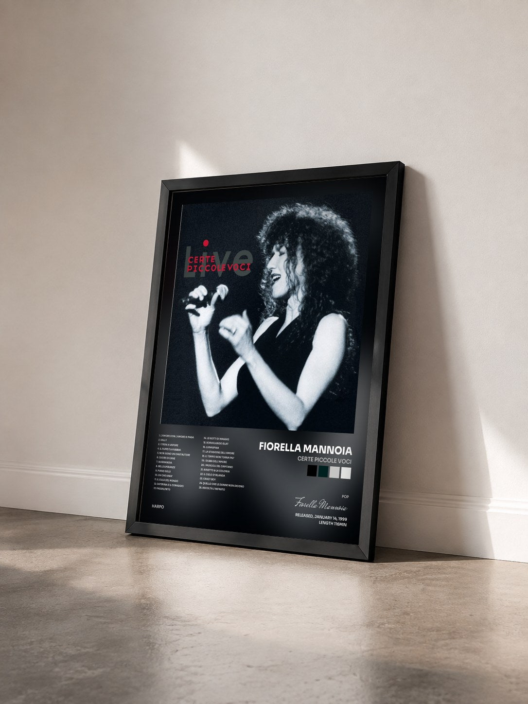 #noir Tableau de l'album Certe Piccole Voci de Fiorella Mannoia vu de trois quarts, cadre noir