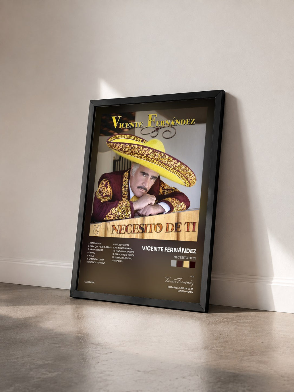 #noir Tableau de l'album Necesito De Ti de Vicente Fernández vu de trois quarts, cadre noir