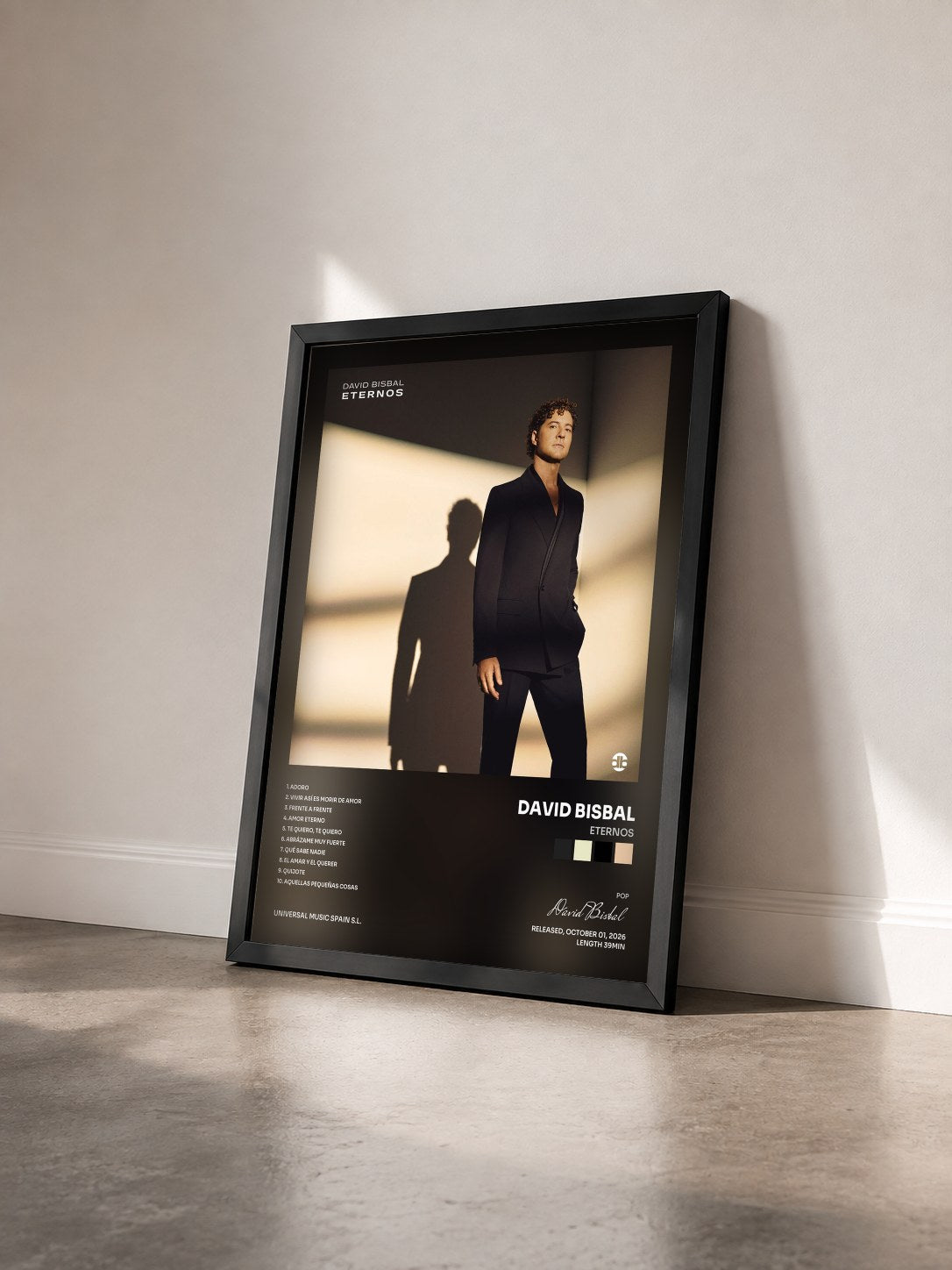 #noir Tableau de l'album Eternos de David Bisbal vu de trois quarts, cadre noir