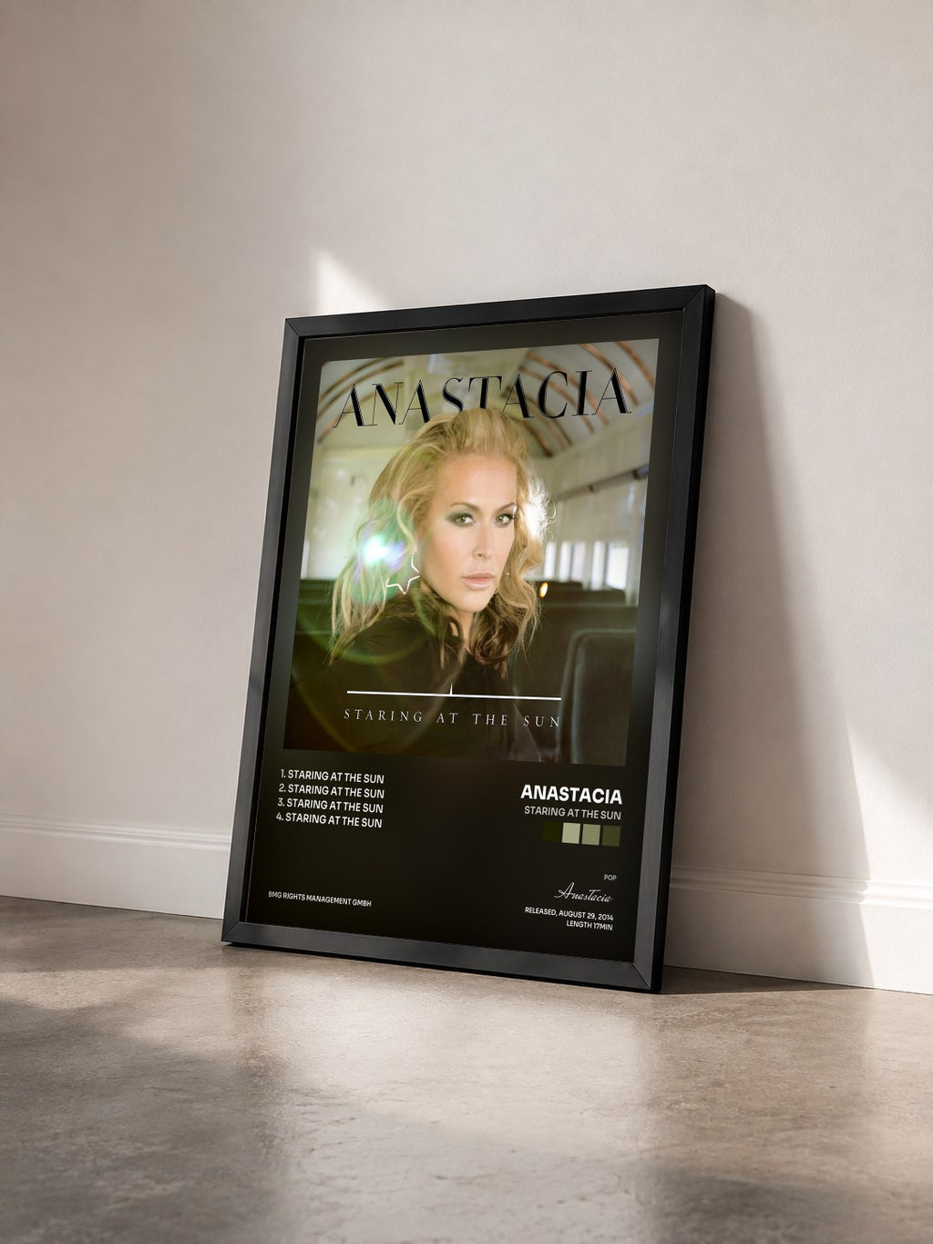 #noir Tableau de l'album Staring at the Sun de Anastacia vu de trois quarts, cadre noir