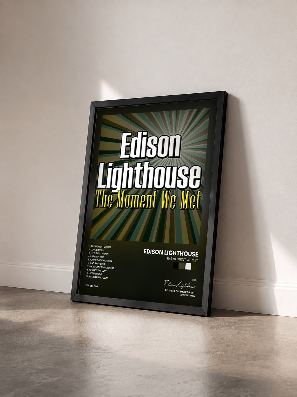 #noir Tableau de l'album The Moment We Met de Edison Lighthouse vu de trois quarts, cadre noir