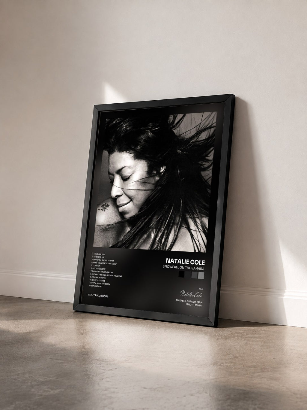 #noir Tableau de l'album Snowfall On The Sahara de Natalie Cole vu de trois quarts, cadre noir