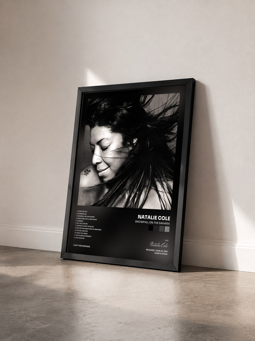 #noir Tableau de l'album Snowfall On The Sahara de Natalie Cole vu de trois quarts, cadre noir