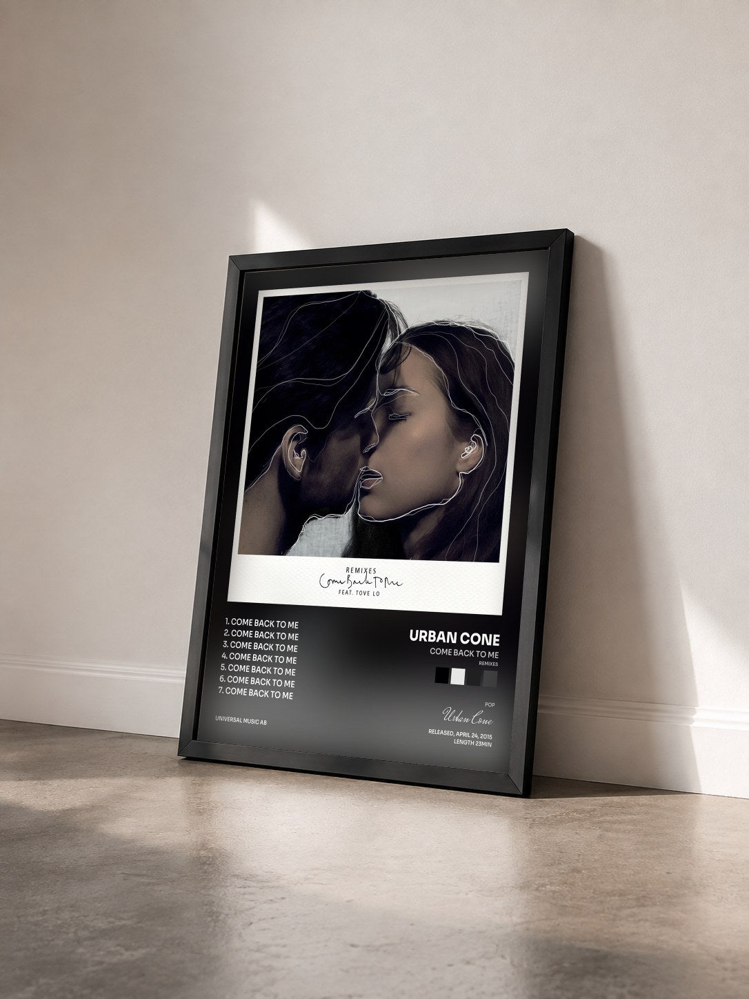 #noir Tableau de l'album Come Back To Me (Remixes) de Urban Cone vu de trois quarts, cadre noir