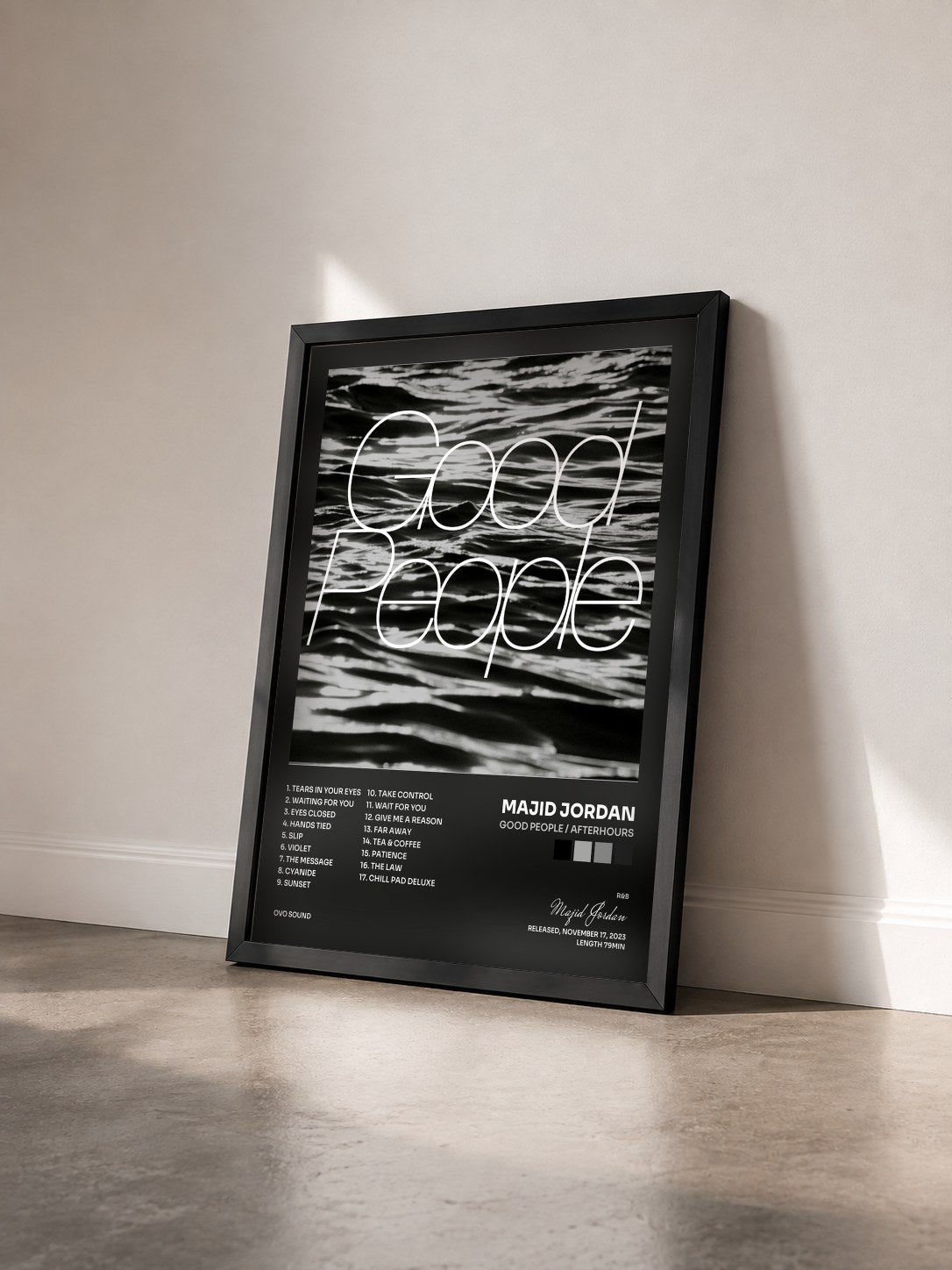 #noir Tableau de l'album Good People / Afterhours de Majid Jordan vu de trois quarts, cadre noir