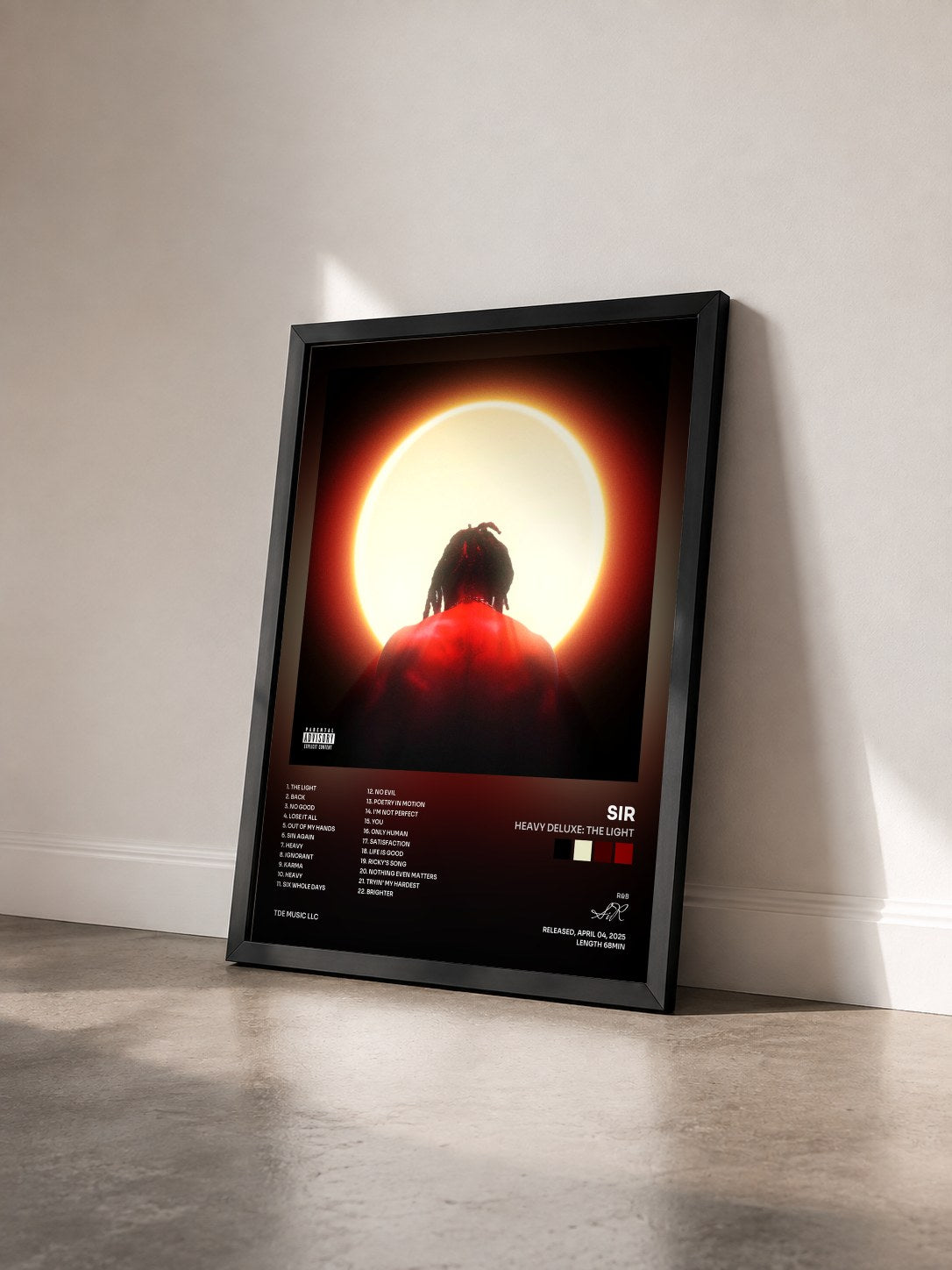 #noir Tableau de l'album Heavy Deluxe: THE LIGHT de SiR vu de trois quarts, cadre noir