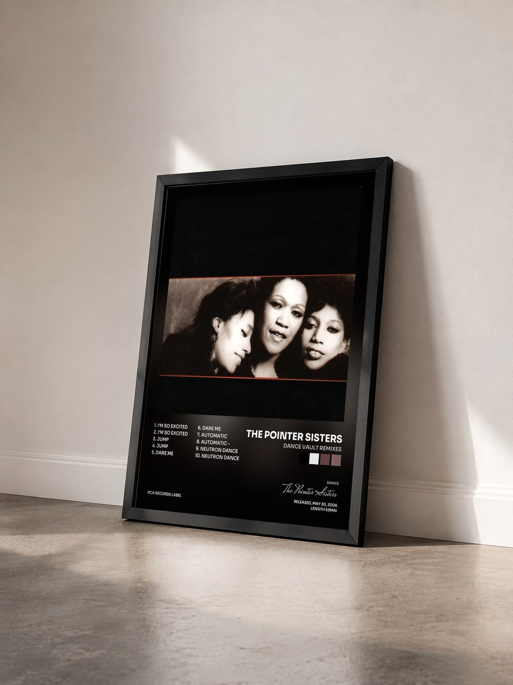 #noir Tableau de l'album Dance Vault Remixes de The Pointer Sisters vu de trois quarts, cadre noir