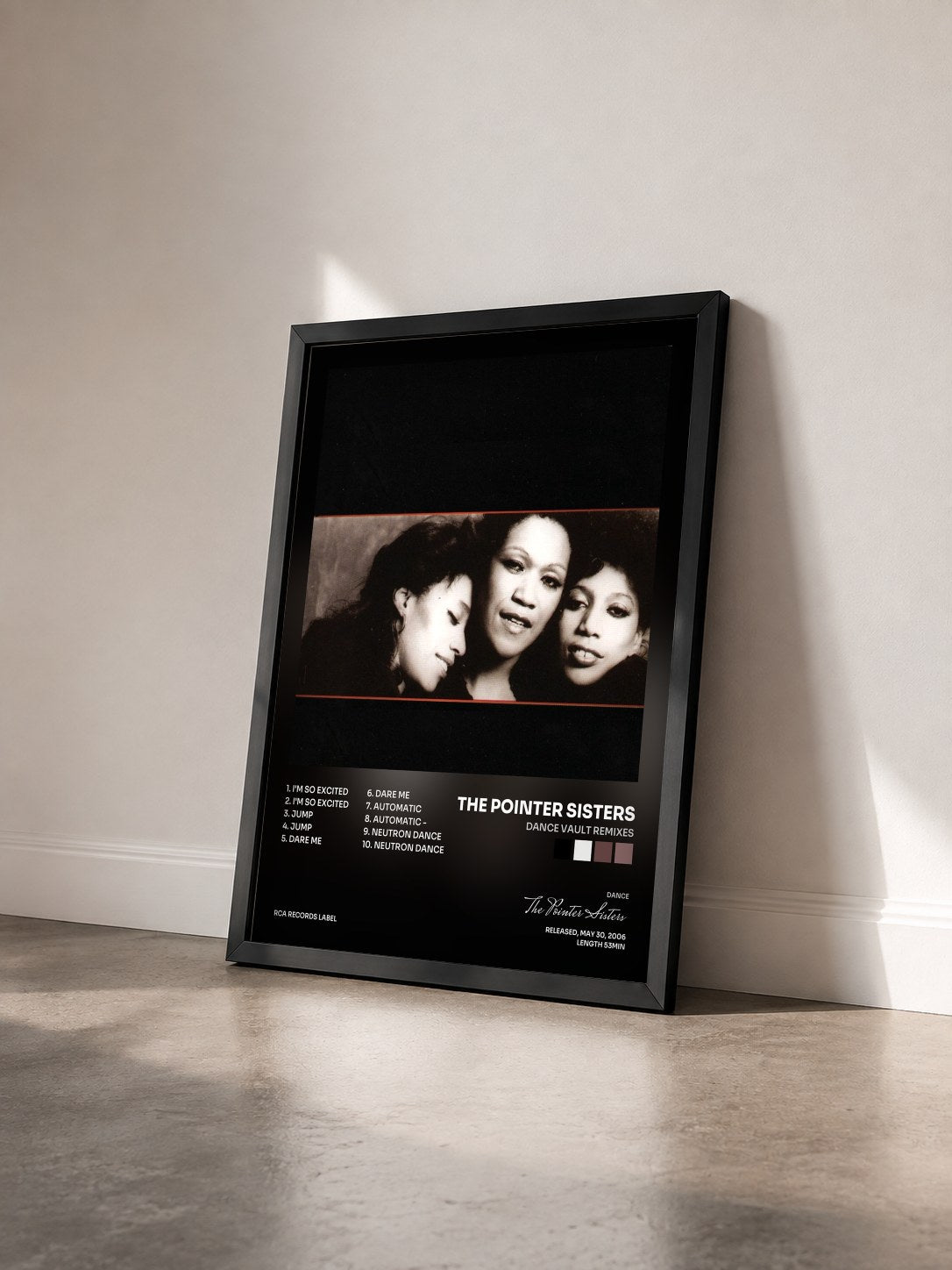 #noir Tableau de l'album Dance Vault Remixes de The Pointer Sisters vu de trois quarts, cadre noir