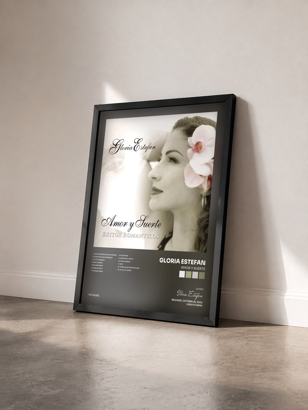 #noir Tableau de l'album Amor Y Suerte de Gloria Estefan vu de trois quarts, cadre noir