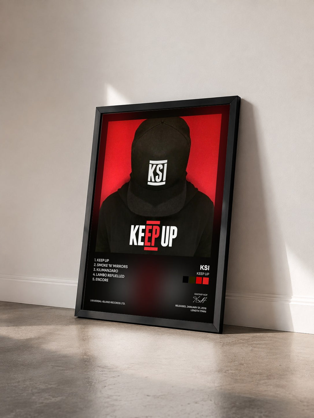 #noir Tableau de l'album Keep Up de KSI vu de trois quarts, cadre noir