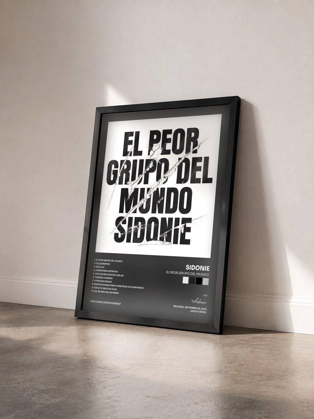 #noir Tableau de l'album El Peor Grupo del Mundo de Sidonie vu de trois quarts, cadre noir