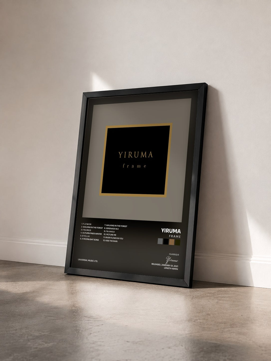 #noir Tableau de l'album f r a m e de Yiruma vu de trois quarts, cadre noir