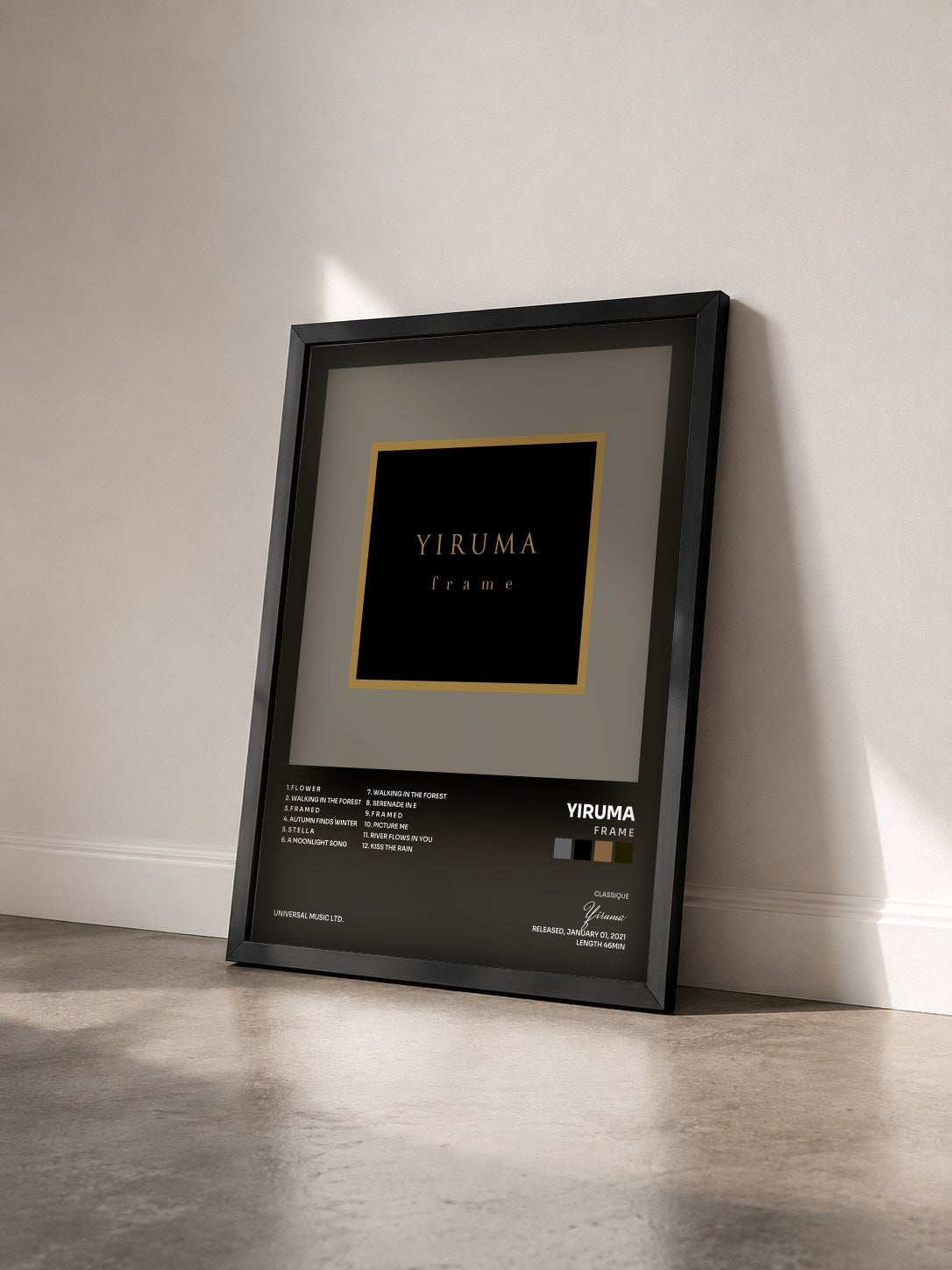 #noir Tableau de l'album f r a m e de Yiruma vu de trois quarts, cadre noir