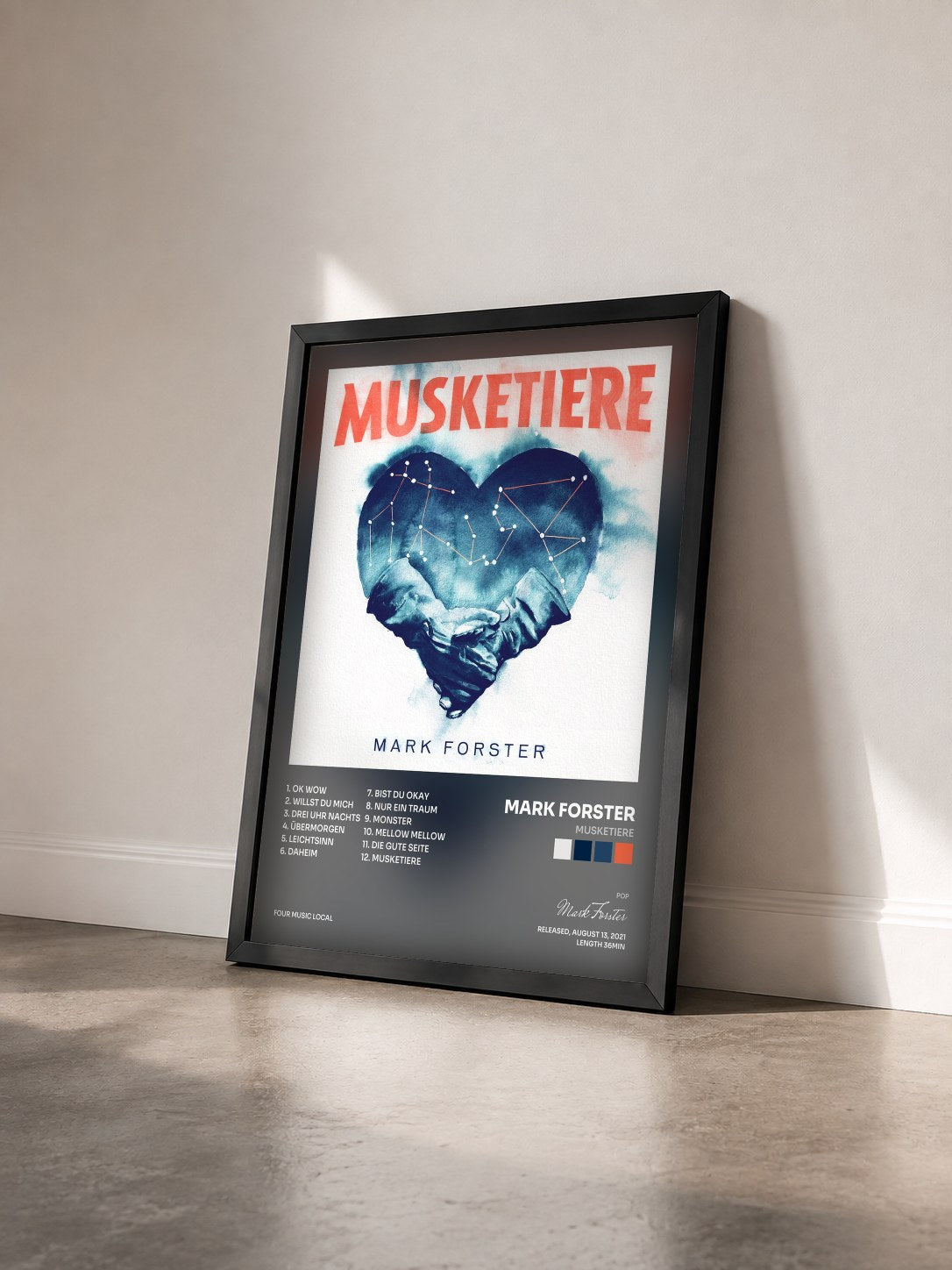 #noir Tableau de l'album MUSKETIERE de Mark Forster vu de trois quarts, cadre noir