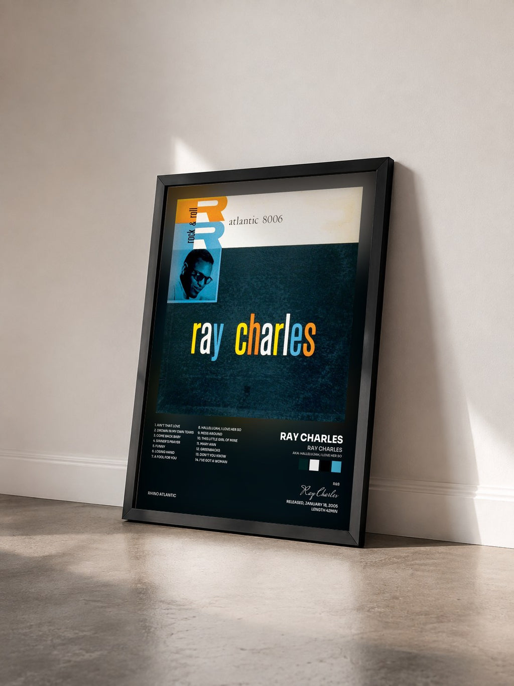 #noir Tableau de l'album Ray Charles (aka: Hallelujah, I Love Her So) de Ray Charles vu de trois quarts, cadre noir