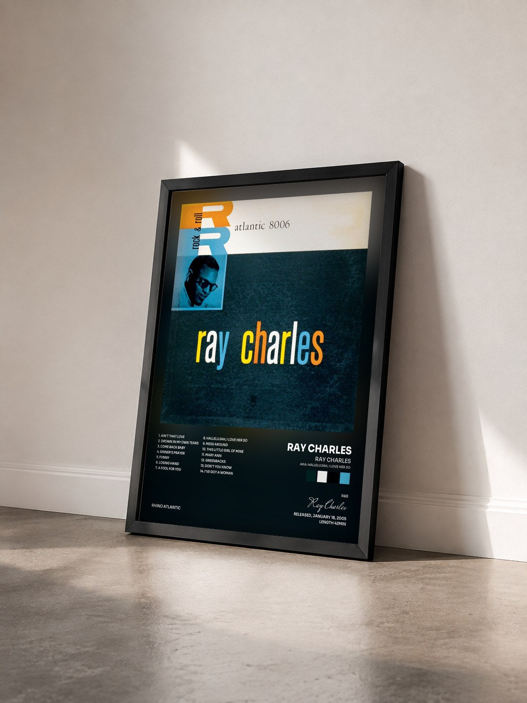 #noir Tableau de l'album Ray Charles (aka: Hallelujah, I Love Her So) de Ray Charles vu de trois quarts, cadre noir