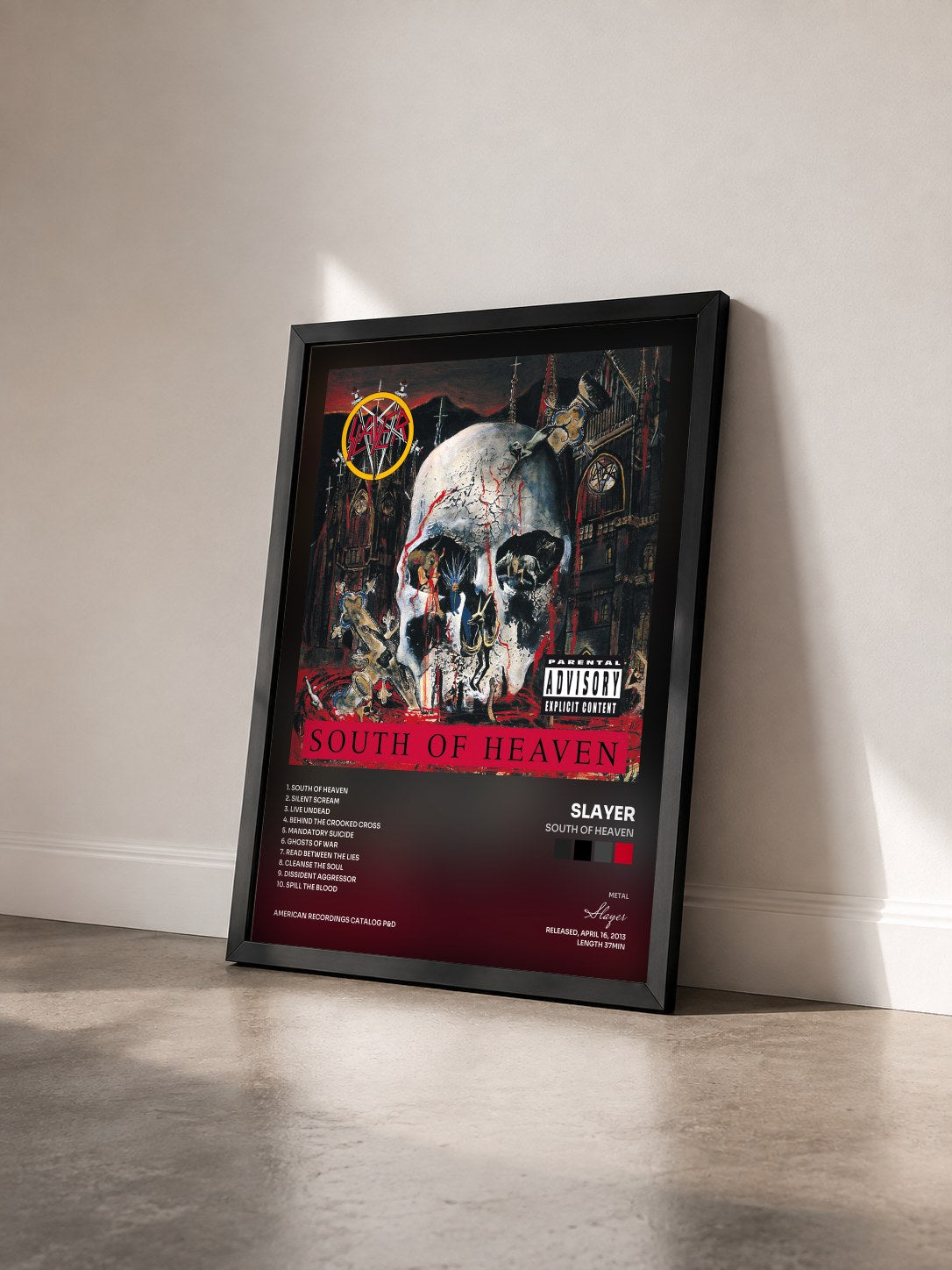 #noir Tableau de l'album South Of Heaven de Slayer vu de trois quarts, cadre noir