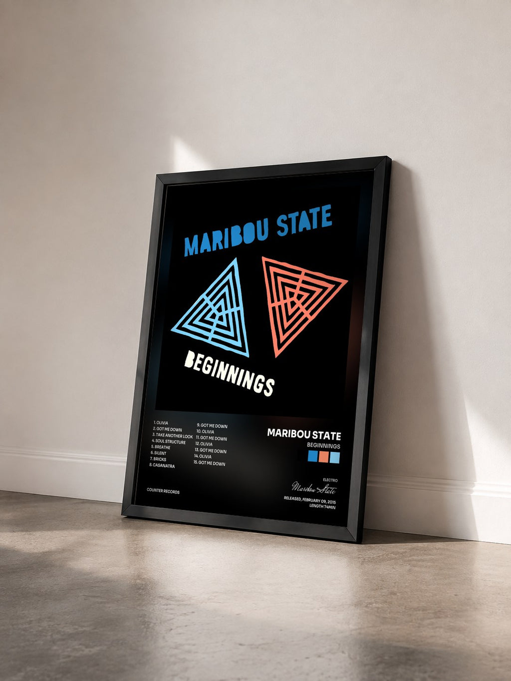 #noir Tableau de l'album Beginnings de Maribou State vu de trois quarts, cadre noir