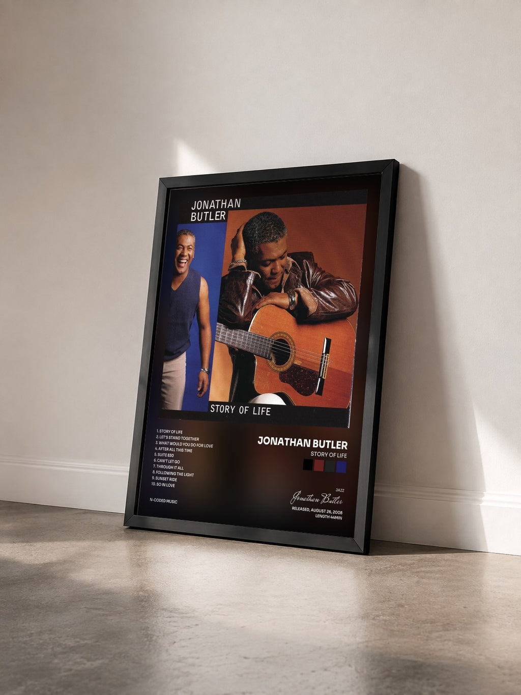 #noir Tableau de l'album Story of Life de Jonathan Butler vu de trois quarts, cadre noir