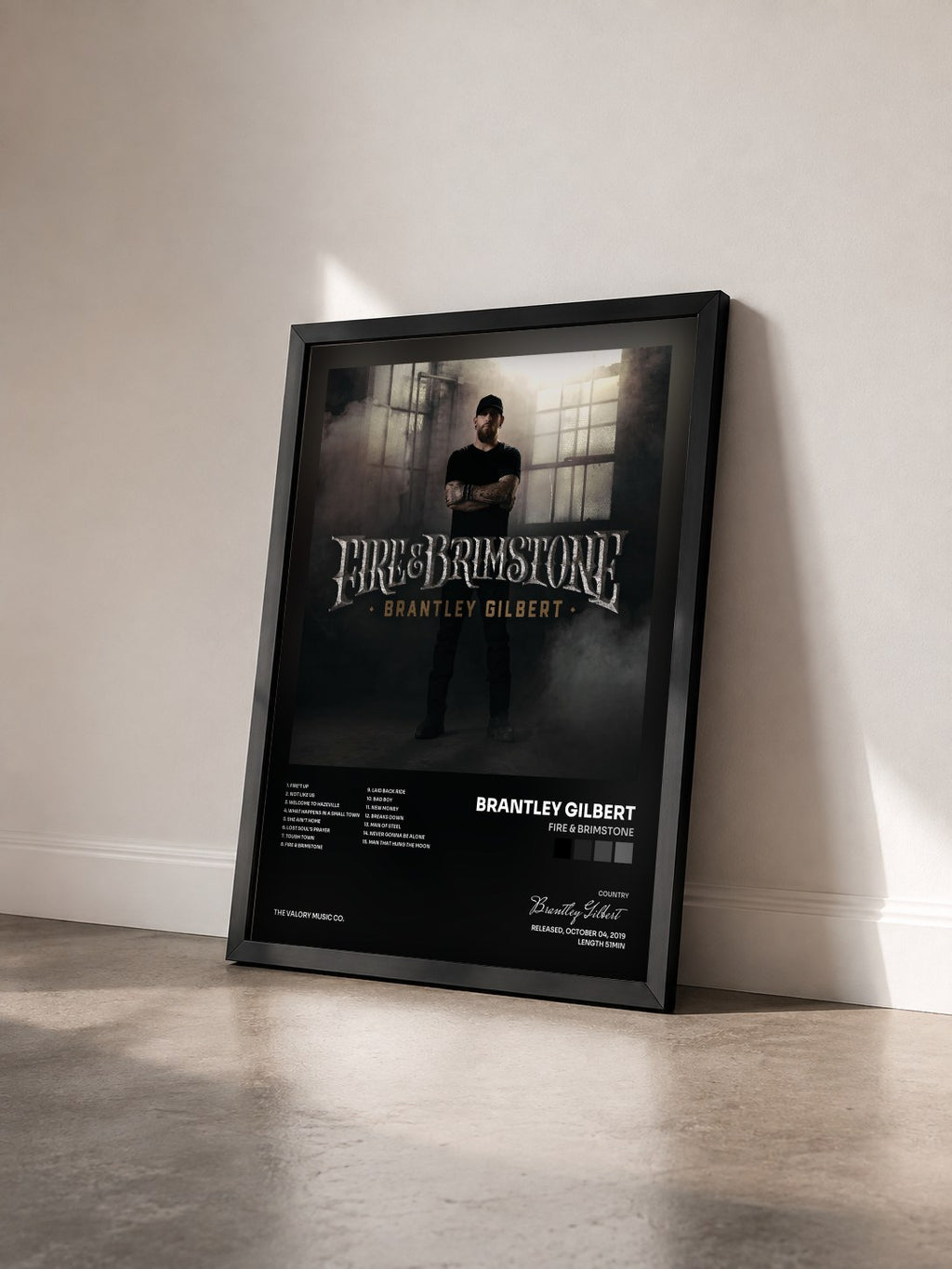 #noir Tableau de l'album Fire & Brimstone de Brantley Gilbert vu de trois quarts, cadre noir