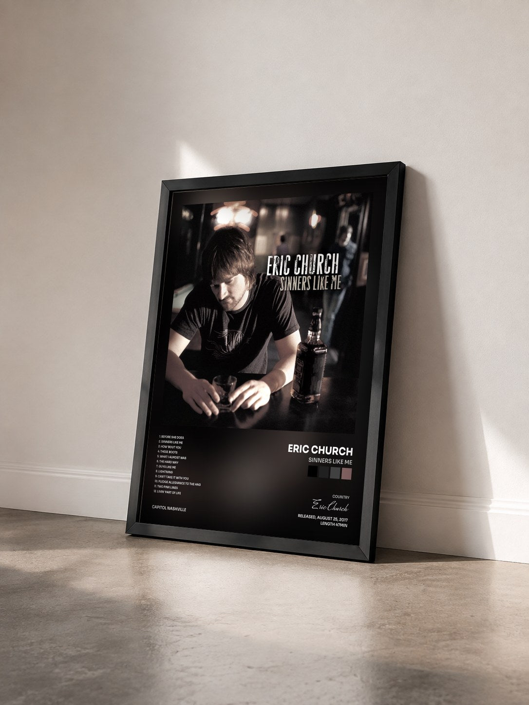 #noir Tableau de l'album Sinners Like Me de Eric Church vu de trois quarts, cadre noir