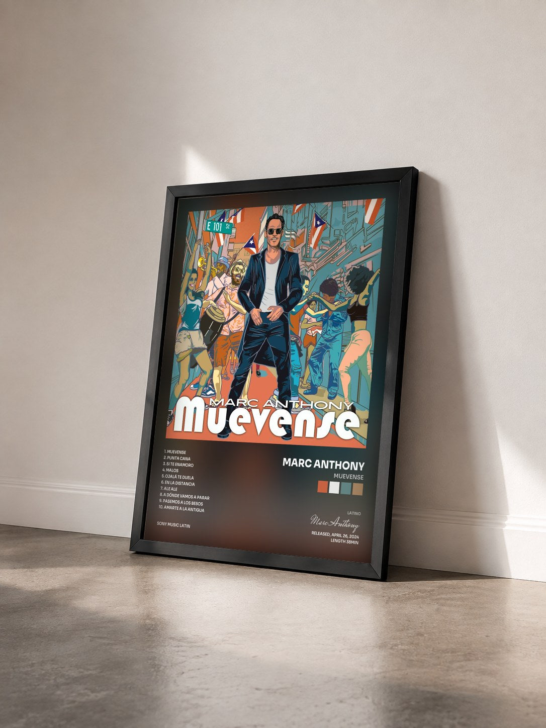 #noir Tableau de l'album MUEVENSE de Marc Anthony vu de trois quarts, cadre noir