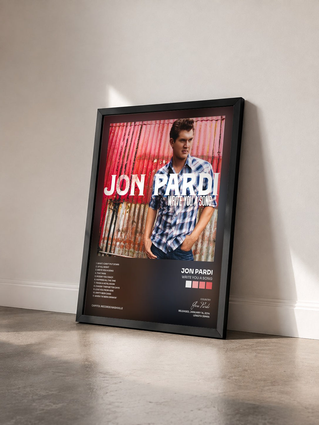#noir Tableau de l'album Write You A Song de Jon Pardi vu de trois quarts, cadre noir