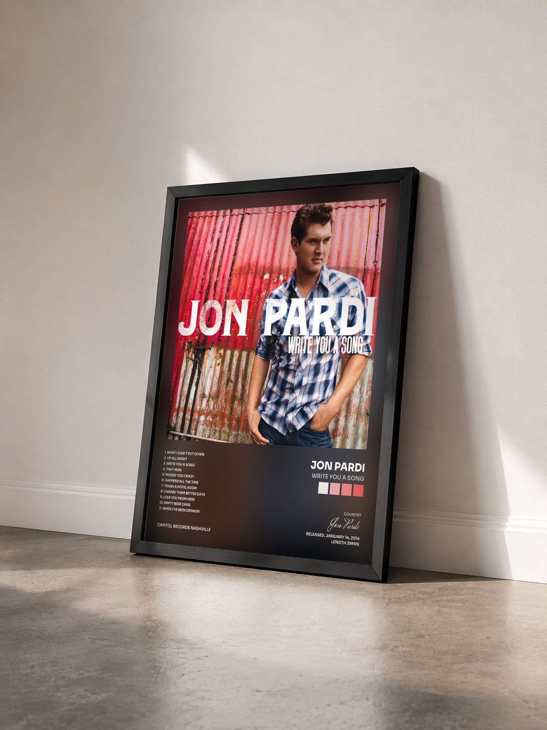 #noir Tableau de l'album Write You A Song de Jon Pardi vu de trois quarts, cadre noir
