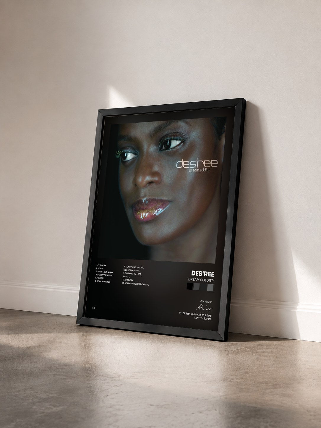 #noir Tableau de l'album Dream Soldier de Des'ree vu de trois quarts, cadre noir