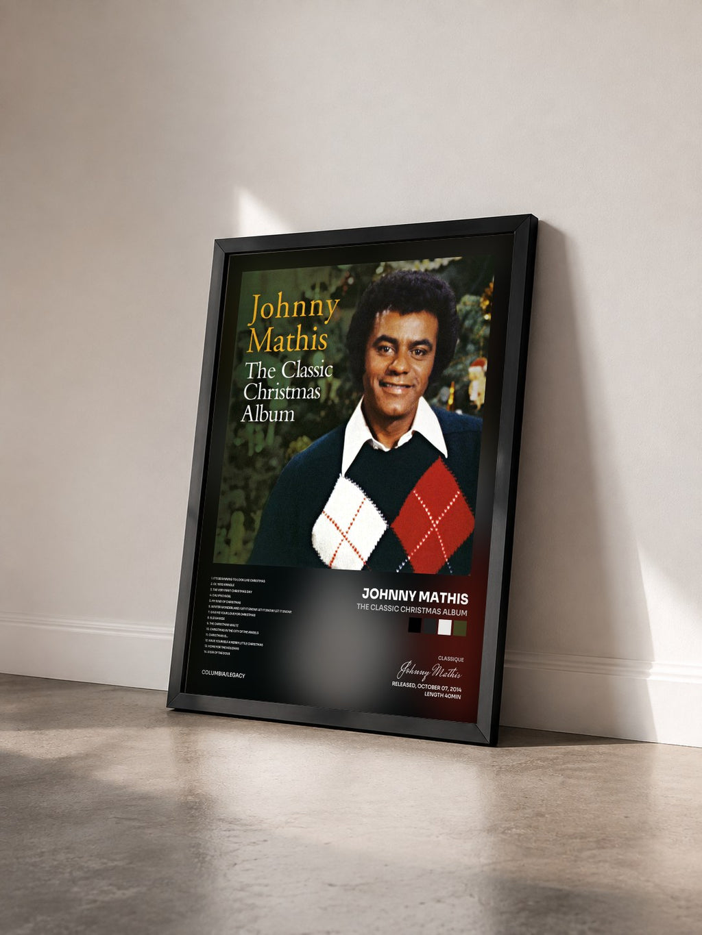 #noir Tableau de l'album The Classic Christmas Album de Johnny Mathis vu de trois quarts, cadre noir