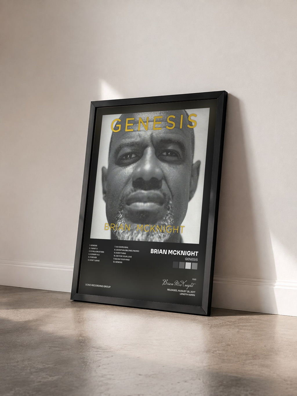 #noir Tableau de l'album Genesis de Brian McKnight vu de trois quarts, cadre noir