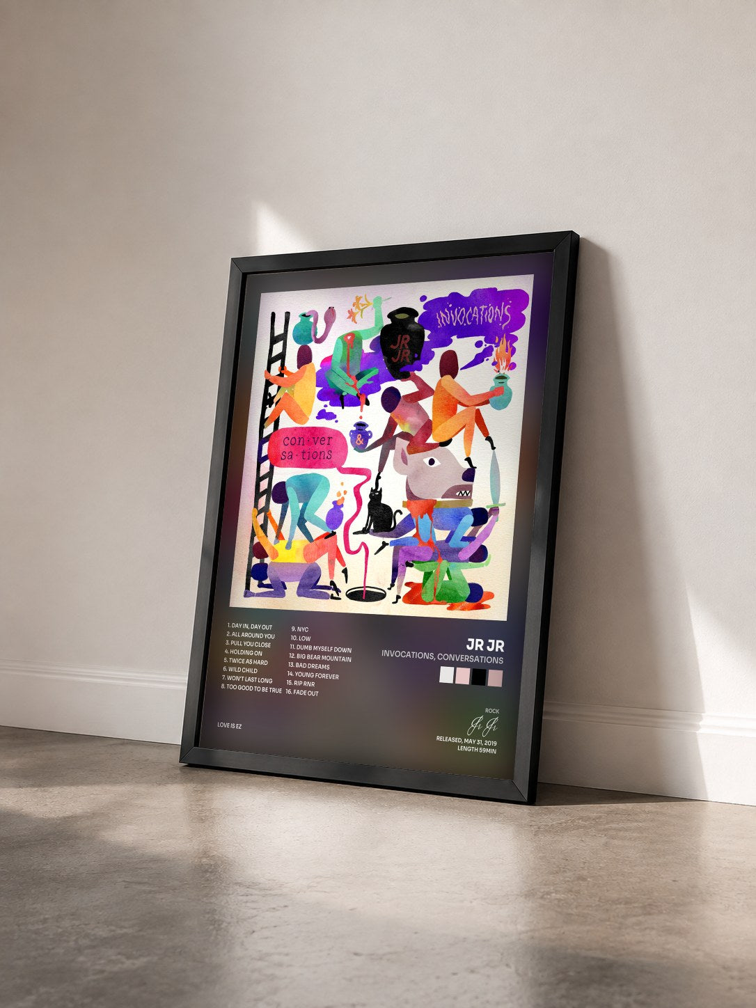 #noir Tableau de l'album Invocations, Conversations de Jr Jr vu de trois quarts, cadre noir