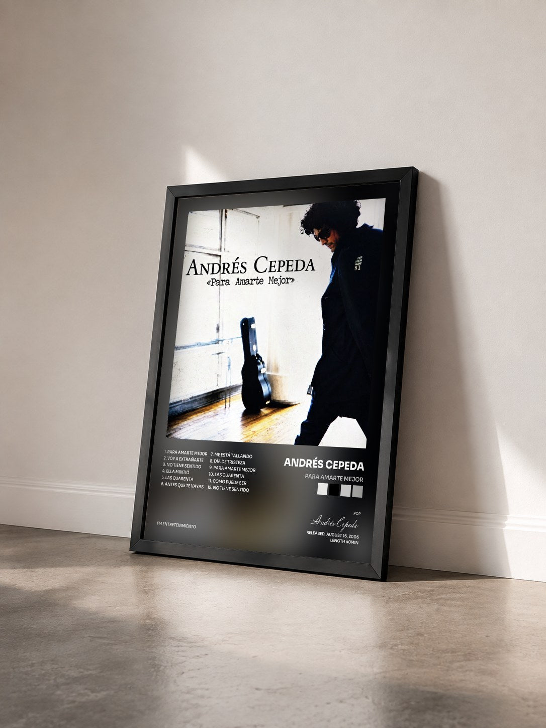 #noir Tableau de l'album Para Amarte Mejor de Andrés Cepeda vu de trois quarts, cadre noir