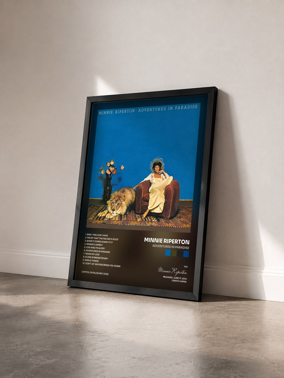 #noir Tableau de l'album Adventures In Paradise de Minnie Riperton vu de trois quarts, cadre noir