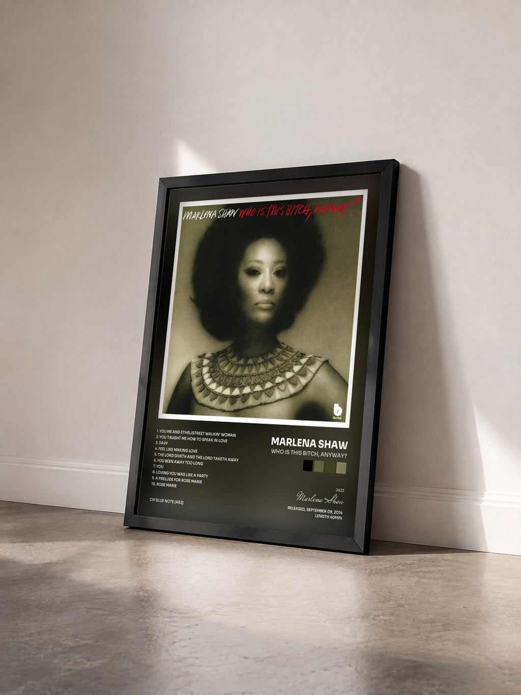 #noir Tableau de l'album Who Is This Bitch, Anyway? de Marlena Shaw vu de trois quarts, cadre noir