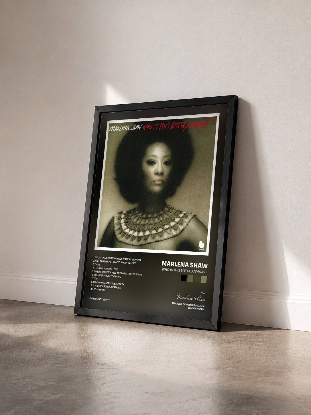 #noir Tableau de l'album Who Is This Bitch, Anyway? de Marlena Shaw vu de trois quarts, cadre noir