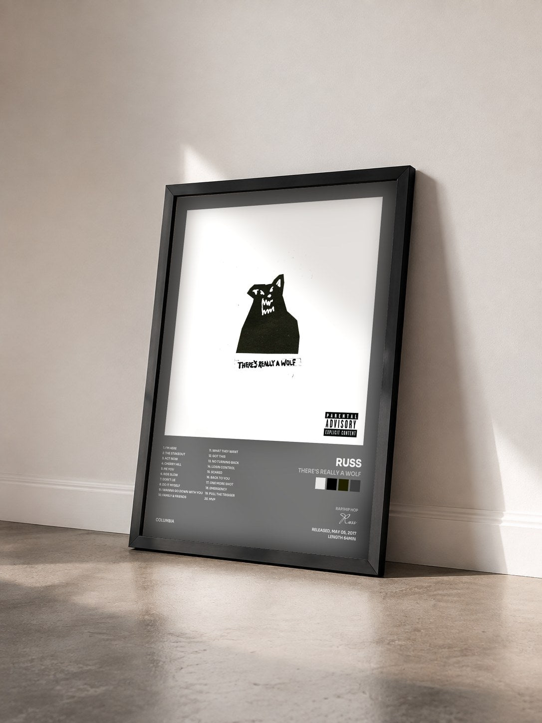 #noir Tableau de l'album There's Really A Wolf de Russ vu de trois quarts, cadre noir