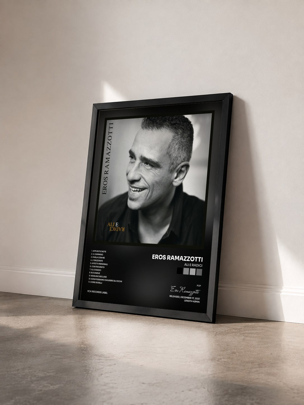 #noir Tableau de l'album Ali E Radici de Eros Ramazzotti vu de trois quarts, cadre noir