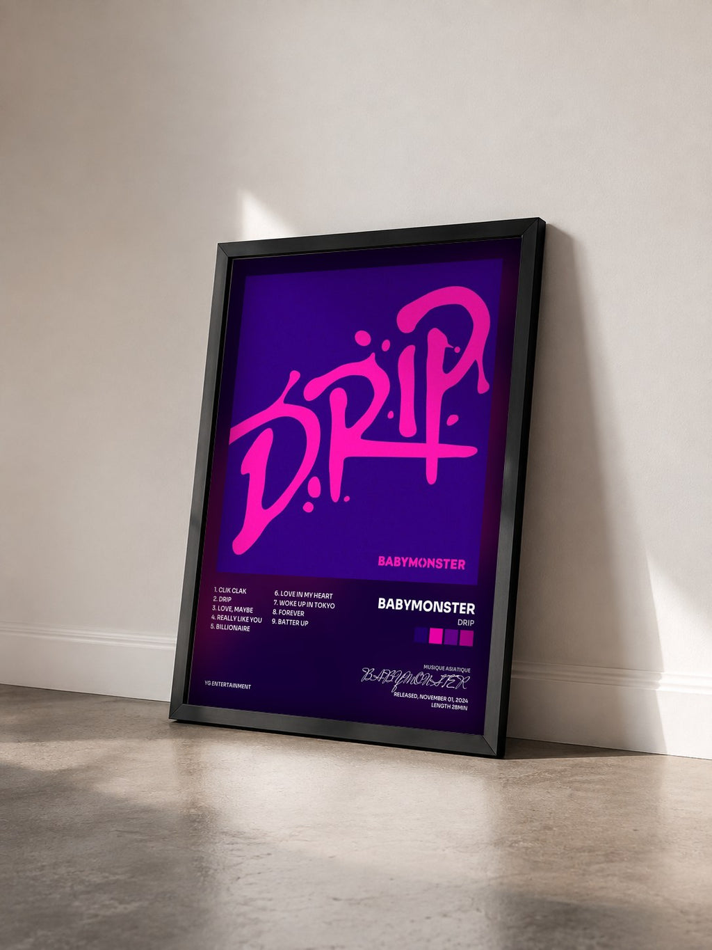 #noir Tableau de l'album DRIP de BABYMONSTER vu de trois quarts, cadre noir
