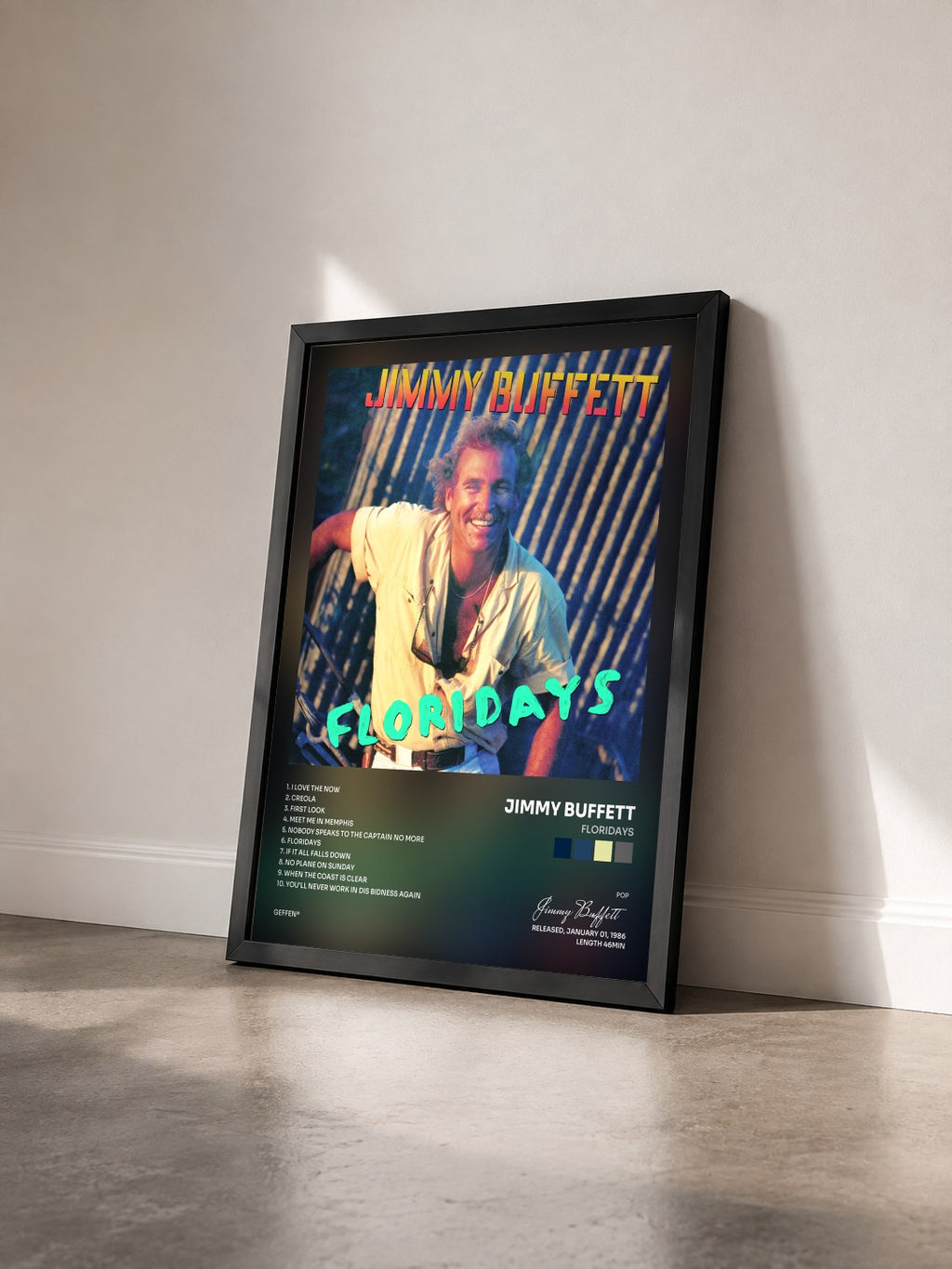 #noir Tableau de l'album Floridays de Jimmy Buffett vu de trois quarts, cadre noir